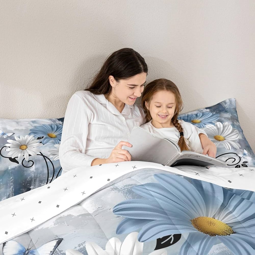 Teal Bedding Set Farmhouse Flower Comforter Set Rustic Farm Blue Floral Down Comforter Full,Kids Adults Men Women Daisy Country Wooden Quilt Duvet for Oil Painting Room Decor,Blue Turquoise