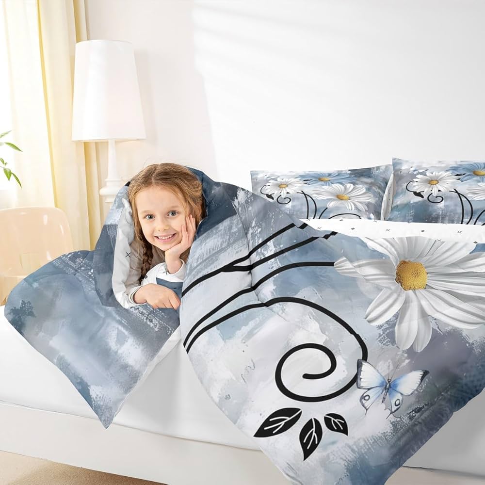 Teal Bedding Set Farmhouse Flower Comforter Set Rustic Farm Blue Floral Down Comforter Full,Kids Adults Men Women Daisy Country Wooden Quilt Duvet for Oil Painting Room Decor,Blue Turquoise