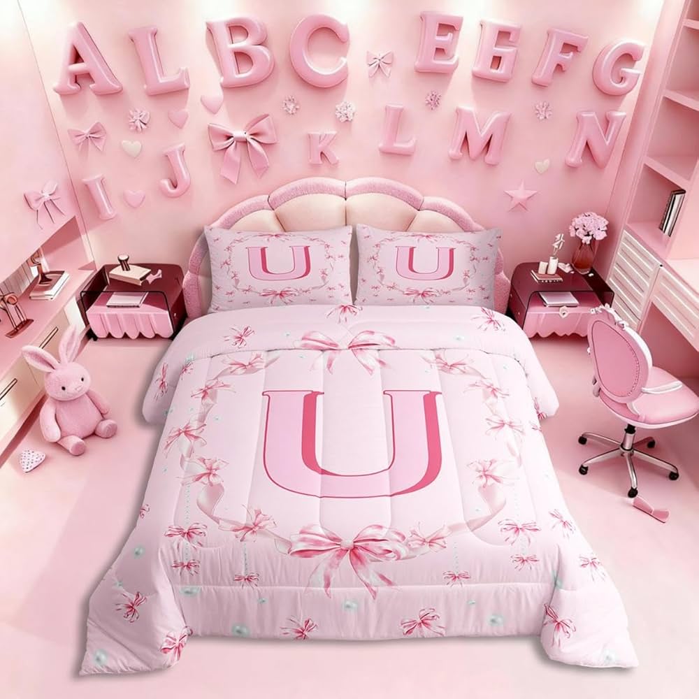 Erosebridal Cute Kawaii Bowknot Girls Bedding Set Pink Initial Letter U Comforter Set Princess Style Bow Bedding Comforter Sets Bow Monogram U Bed Set Twin Size for Kids Teen Women Bedroom
