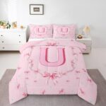 Erosebridal Cute Kawaii Bowknot Girls Bedding Set Pink Initial Letter U Comforter Set Princess Style Bow Bedding Comforter Sets Bow Monogram U Bed Set Twin Size for Kids Teen Women Bedroom