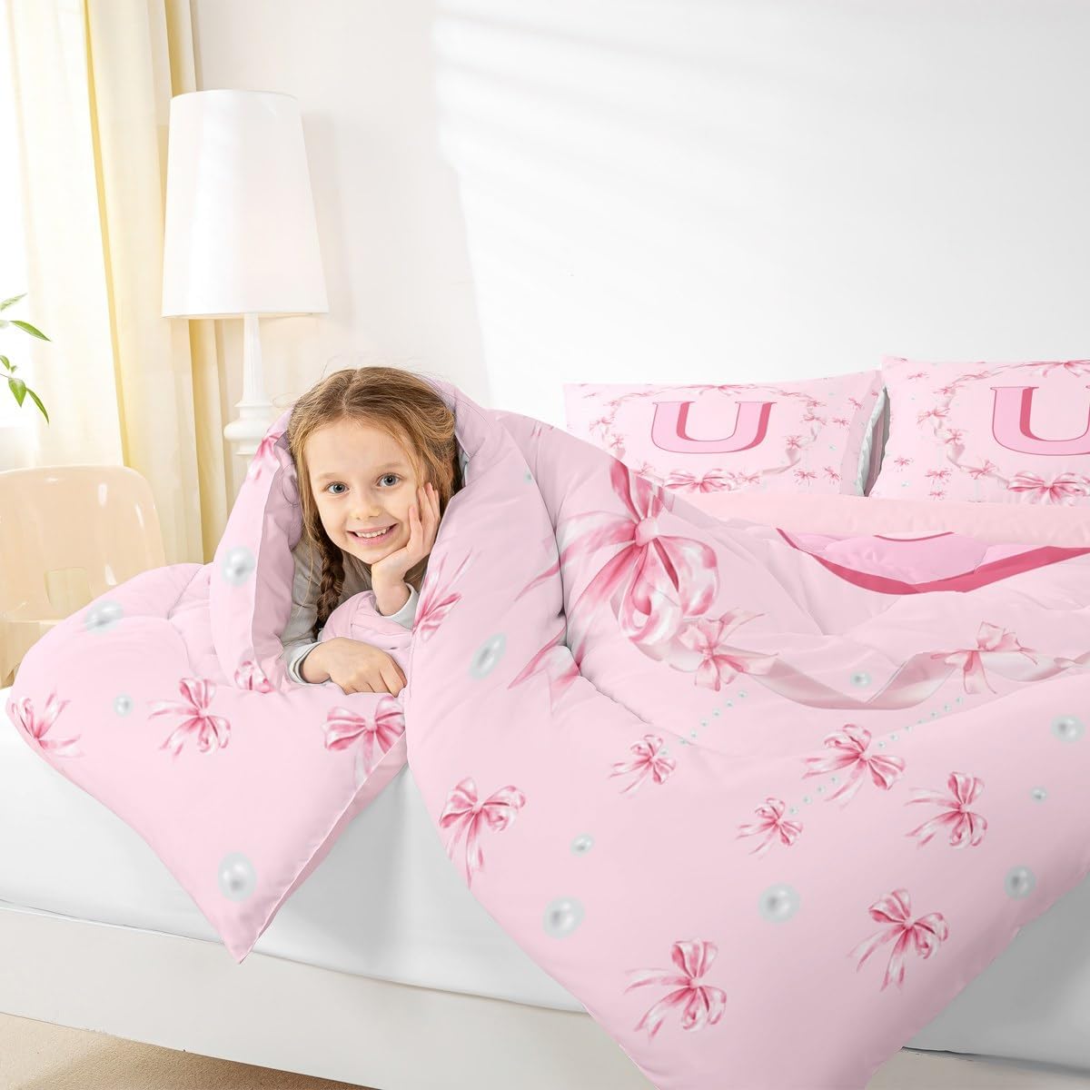 Erosebridal Cute Kawaii Bowknot Girls Bedding Set Pink Initial Letter U Comforter Set Princess Style Bow Bedding Comforter Sets Bow Monogram U Bed Set Twin Size for Kids Teen Women Bedroom