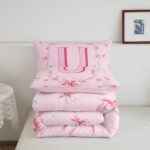 Erosebridal Cute Kawaii Bowknot Girls Bedding Set Pink Initial Letter U Comforter Set Princess Style Bow Bedding Comforter Sets Bow Monogram U Bed Set Twin Size for Kids Teen Women Bedroom