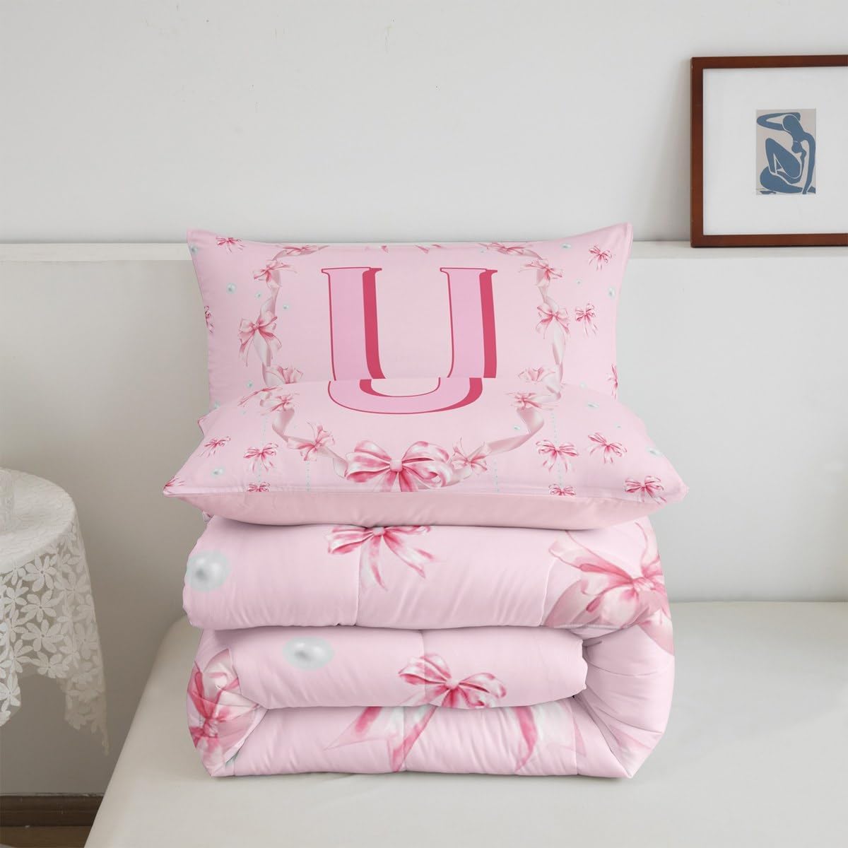 Erosebridal Cute Kawaii Bowknot Girls Bedding Set Pink Initial Letter U Comforter Set Princess Style Bow Bedding Comforter Sets Bow Monogram U Bed Set Twin Size for Kids Teen Women Bedroom