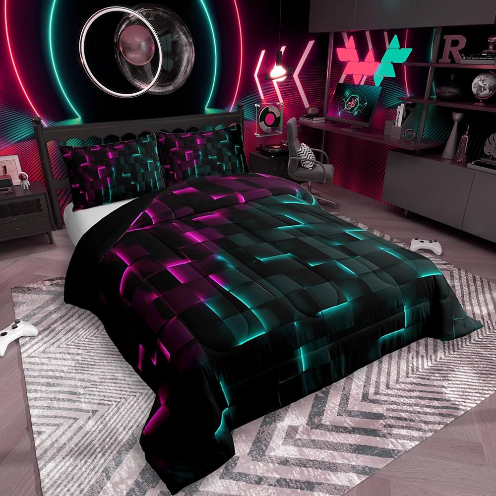 Erosebridal Black Pink Teal Queen Comforter Set,3D Geometric Plaid Bedding Sets,Neon Gradient Abstract Quilt Bed Set,Gamer Bedroom Decor for Kids Teen Adults,2 Pillowcases