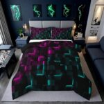 Erosebridal Black Pink Teal Queen Comforter Set,3D Geometric Plaid Bedding Sets,Neon Gradient Abstract Quilt Bed Set,Gamer Bedroom Decor for Kids Teen Adults,2 Pillowcases