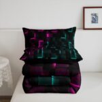 Erosebridal Black Pink Teal Queen Comforter Set,3D Geometric Plaid Bedding Sets,Neon Gradient Abstract Quilt Bed Set,Gamer Bedroom Decor for Kids Teen Adults,2 Pillowcases