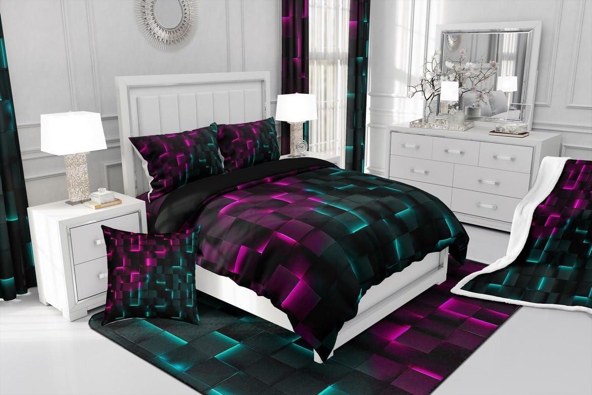 Erosebridal Black Pink Teal Queen Comforter Set,3D Geometric Plaid Bedding Sets,Neon Gradient Abstract Quilt Bed Set,Gamer Bedroom Decor for Kids Teen Adults,2 Pillowcases