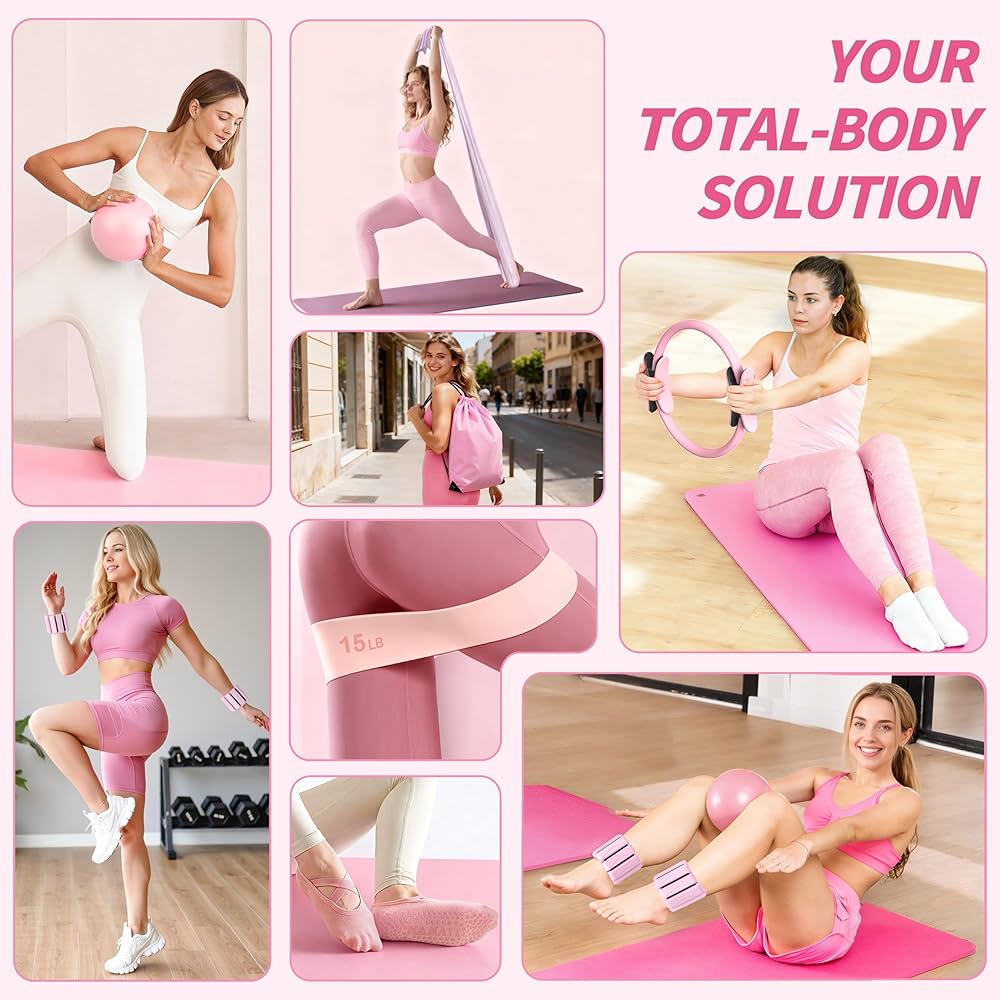 Pilates Kit, Home Pilates Workout Kit for Women, Pilates Equipment with 14.5″ Pilates Ring and Ball, Resistance Bands, Ankle Weights, Sliders & Grip Socks Accessories for Starter Home Workouts