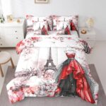 jejeloiu Eiffel Tower Comforter Set with Sheets Queen Size 7 Pieces Girls Dress Floral Flower Red Bedding Set for Women Adults Teens Modern French Paris Style Romantic City Bed in a Bag Room Decor