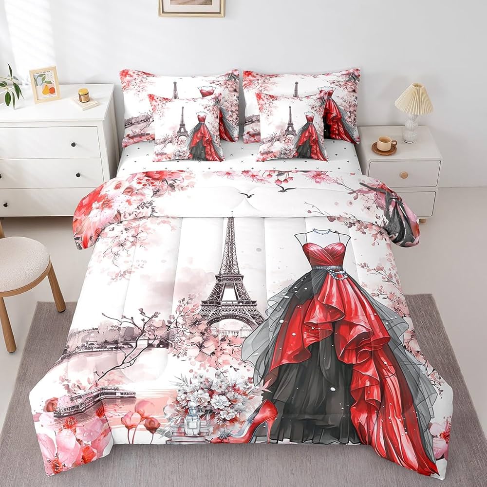 jejeloiu Eiffel Tower Comforter Set with Sheets Queen Size 7 Pieces Girls Dress Floral Flower Red Bedding Set for Women Adults Teens Modern French Paris Style Romantic City Bed in a Bag Room Decor