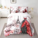 jejeloiu Eiffel Tower Comforter Set with Sheets Queen Size 7 Pieces Girls Dress Floral Flower Red Bedding Set for Women Adults Teens Modern French Paris Style Romantic City Bed in a Bag Room Decor