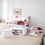 jejeloiu Eiffel Tower Comforter Set with Sheets Queen Size 7 Pieces Girls Dress Floral Flower Red Bedding Set for Women Adults Teens Modern French Paris Style Romantic City Bed in a Bag Room Decor