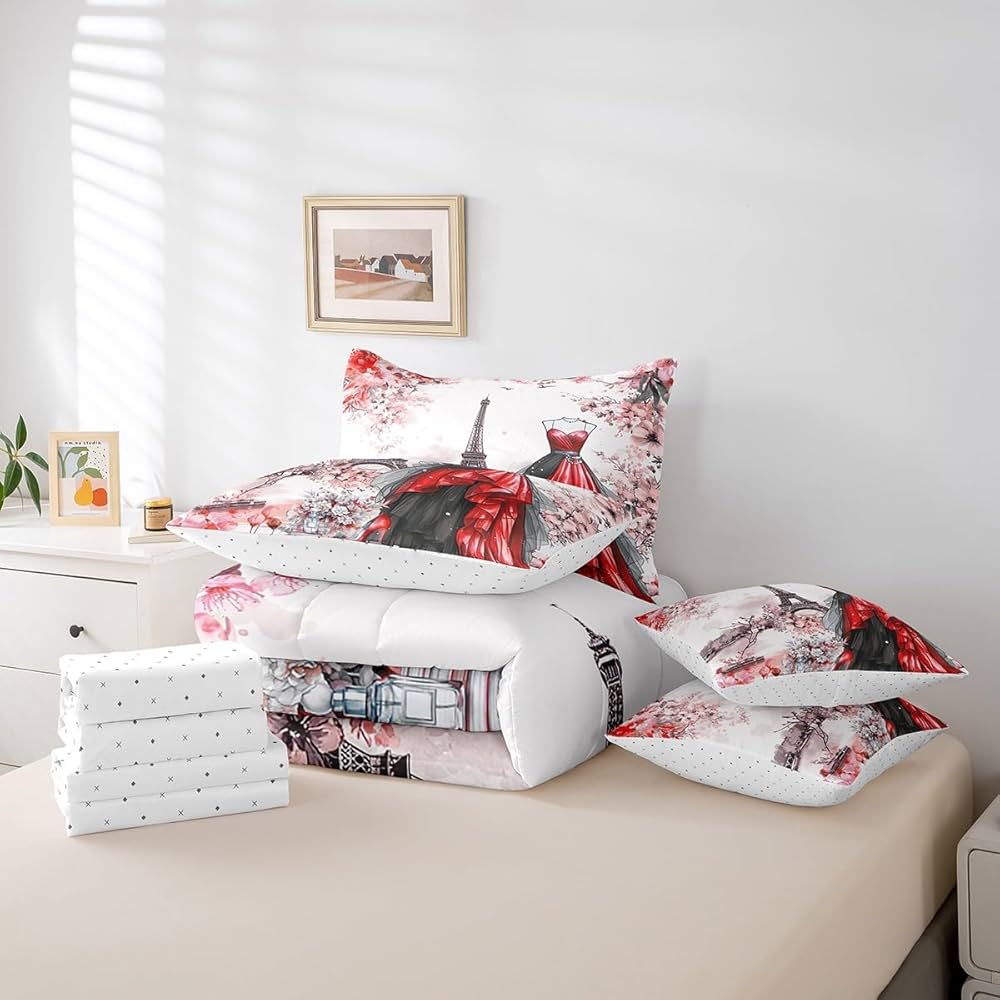 jejeloiu Eiffel Tower Comforter Set with Sheets Queen Size 7 Pieces Girls Dress Floral Flower Red Bedding Set for Women Adults Teens Modern French Paris Style Romantic City Bed in a Bag Room Decor
