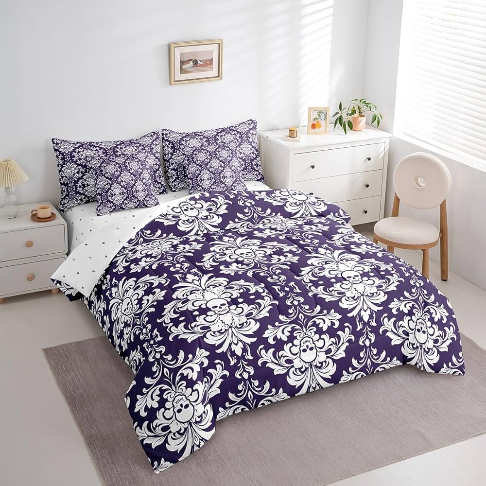 jejeloiu Damask Pattern Comforter Set with Sheets King Size 7 Pcs Vintage Floral Flower Deep Purple Bedding Set for Adults Teens Gothic Bone Skeleton Antique Victorian Baroque Bed in a Bag Room Decor