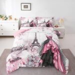 jejeloiu Eiffel Tower Comforter Set Twin Size Girls Dress Floral Flower Pink Bedding Set for Women Adults Teens Modern French Paris Style Romantic City Duvet Quilt Room Decor