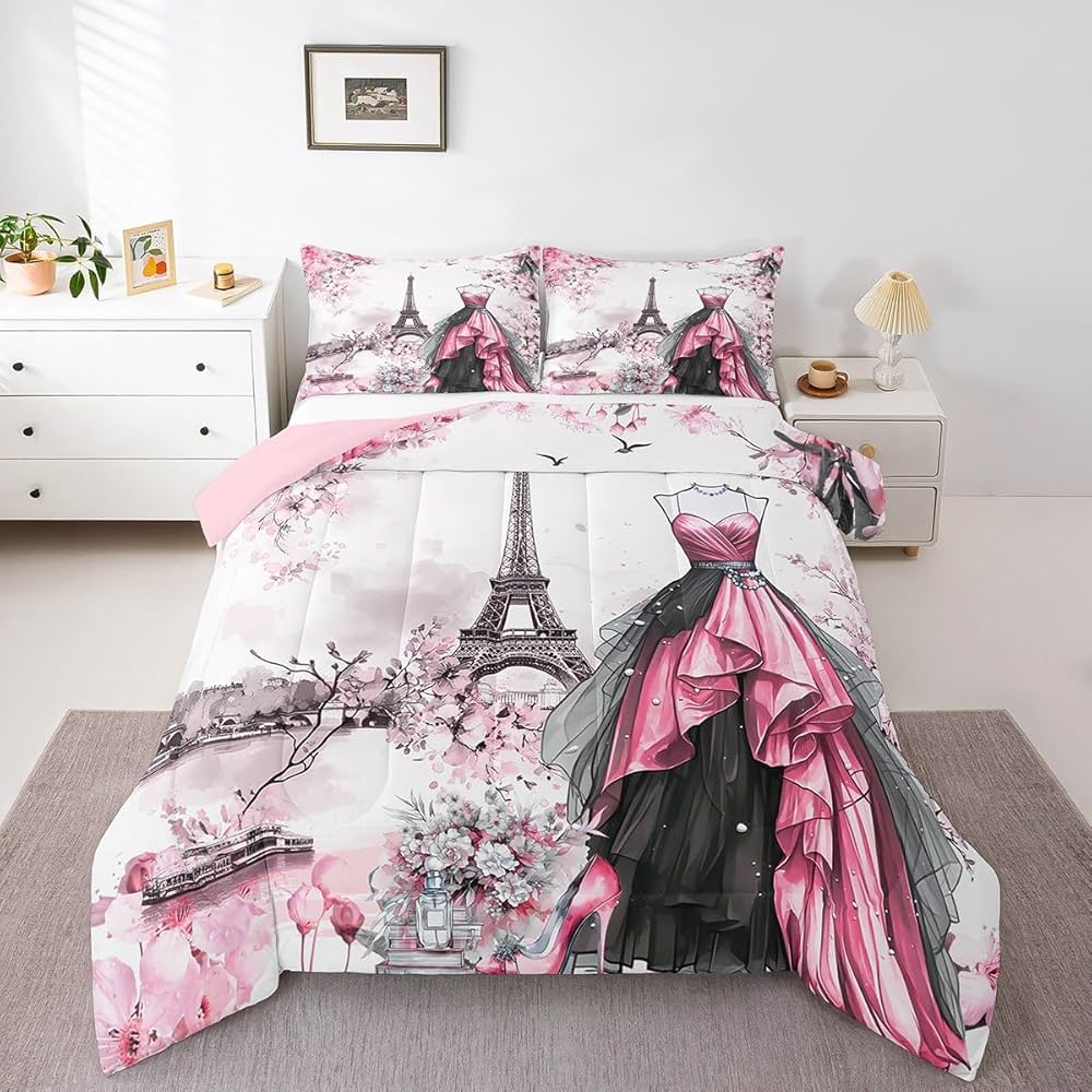 jejeloiu Eiffel Tower Comforter Set Twin Size Girls Dress Floral Flower Pink Bedding Set for Women Adults Teens Modern French Paris Style Romantic City Duvet Quilt Room Decor