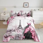 jejeloiu Eiffel Tower Comforter Set Twin Size Girls Dress Floral Flower Pink Bedding Set for Women Adults Teens Modern French Paris Style Romantic City Duvet Quilt Room Decor
