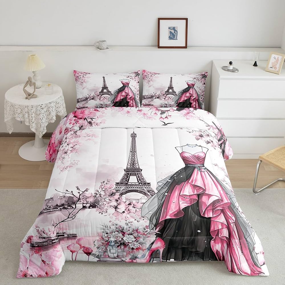 jejeloiu Eiffel Tower Comforter Set Twin Size Girls Dress Floral Flower Pink Bedding Set for Women Adults Teens Modern French Paris Style Romantic City Duvet Quilt Room Decor
