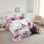 jejeloiu Eiffel Tower Comforter Set Twin Size Girls Dress Floral Flower Pink Bedding Set for Women Adults Teens Modern French Paris Style Romantic City Duvet Quilt Room Decor