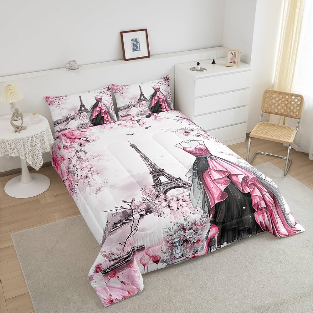 jejeloiu Eiffel Tower Comforter Set Twin Size Girls Dress Floral Flower Pink Bedding Set for Women Adults Teens Modern French Paris Style Romantic City Duvet Quilt Room Decor