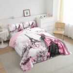 jejeloiu Eiffel Tower Comforter Set Twin Size Girls Dress Floral Flower Pink Bedding Set for Women Adults Teens Modern French Paris Style Romantic City Duvet Quilt Room Decor