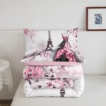 jejeloiu Eiffel Tower Comforter Set Twin Size Girls Dress Floral Flower Pink Bedding Set for Women Adults Teens Modern French Paris Style Romantic City Duvet Quilt Room Decor