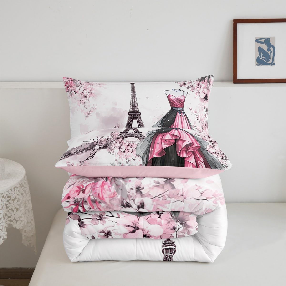 jejeloiu Eiffel Tower Comforter Set Twin Size Girls Dress Floral Flower Pink Bedding Set for Women Adults Teens Modern French Paris Style Romantic City Duvet Quilt Room Decor