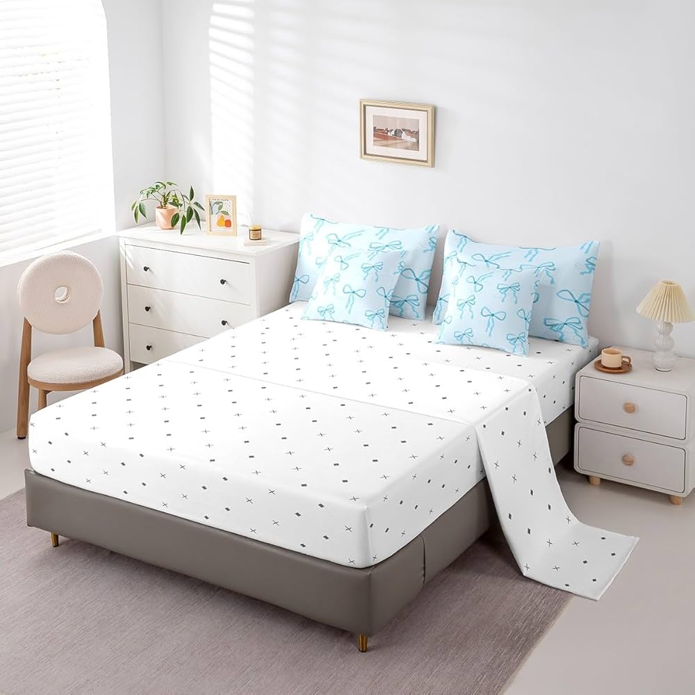 jejeloiu Blue Bow 7 Piece Bedding Set Full Size Cute Bowknot Comforter Set with Sheets for Kids Adult Princess Style Bed in a Bag Kawaii Bow Tie Bed Set