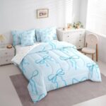 jejeloiu Blue Bow 7 Piece Bedding Set Full Size Cute Bowknot Comforter Set with Sheets for Kids Adult Princess Style Bed in a Bag Kawaii Bow Tie Bed Set