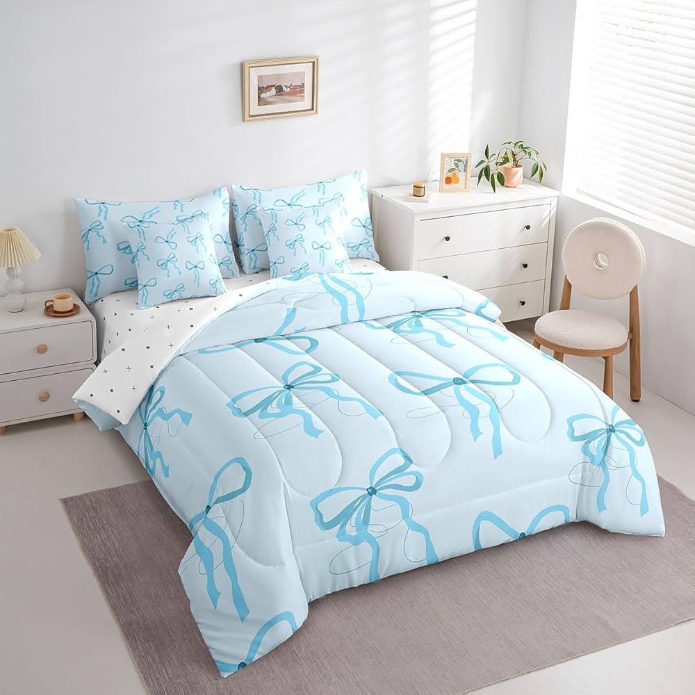 jejeloiu Blue Bow 7 Piece Bedding Set Full Size Cute Bowknot Comforter Set with Sheets for Kids Adult Princess Style Bed in a Bag Kawaii Bow Tie Bed Set