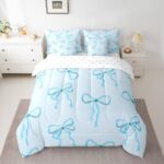 jejeloiu Blue Bow 7 Piece Bedding Set Full Size Cute Bowknot Comforter Set with Sheets for Kids Adult Princess Style Bed in a Bag Kawaii Bow Tie Bed Set