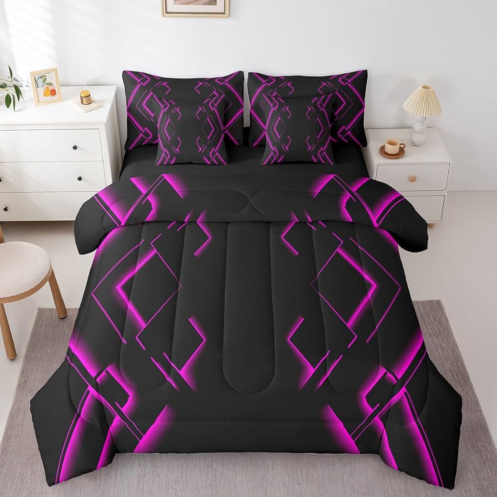 jejeloiu Black and Rose Red Comforter Set with Sheets Full Size 7 Pieces Abstract Ombre Bedding Set for Boys Men Adults Teens Luxury Simple Modern Geometric Stripes Art Bed in a Bag Room Decor