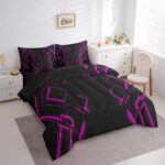 jejeloiu Black and Rose Red Comforter Set with Sheets Full Size 7 Pieces Abstract Ombre Bedding Set for Boys Men Adults Teens Luxury Simple Modern Geometric Stripes Art Bed in a Bag Room Decor