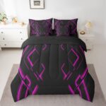 jejeloiu Black and Rose Red Comforter Set with Sheets Full Size 7 Pieces Abstract Ombre Bedding Set for Boys Men Adults Teens Luxury Simple Modern Geometric Stripes Art Bed in a Bag Room Decor