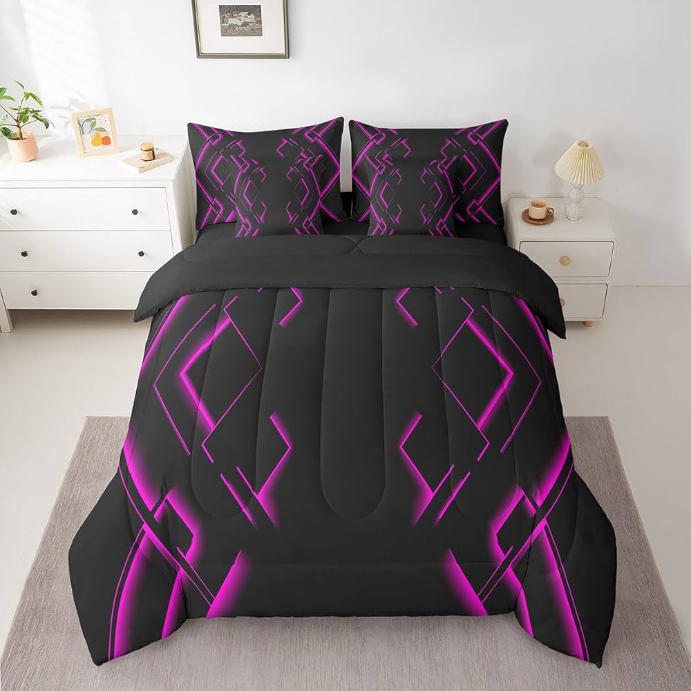 jejeloiu Black and Rose Red Comforter Set with Sheets Full Size 7 Pieces Abstract Ombre Bedding Set for Boys Men Adults Teens Luxury Simple Modern Geometric Stripes Art Bed in a Bag Room Decor