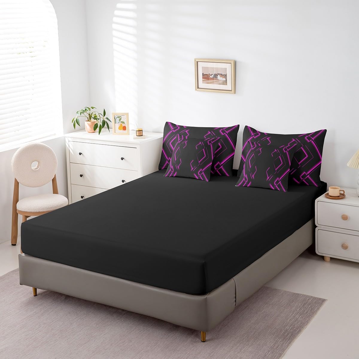 jejeloiu Black and Rose Red Comforter Set with Sheets Full Size 7 Pieces Abstract Ombre Bedding Set for Boys Men Adults Teens Luxury Simple Modern Geometric Stripes Art Bed in a Bag Room Decor