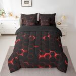 jejeloiu Honeycomb Comforter Set with Sheets Full Size 7 Pieces Hexagon Theme Bedding Set for Boys Men Adults Teens Red Neon Lights Hexagonal Art Bed in a Bag Room Decor