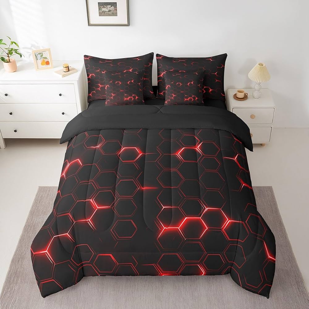 jejeloiu Honeycomb Comforter Set with Sheets Full Size 7 Pieces Hexagon Theme Bedding Set for Boys Men Adults Teens Red Neon Lights Hexagonal Art Bed in a Bag Room Decor