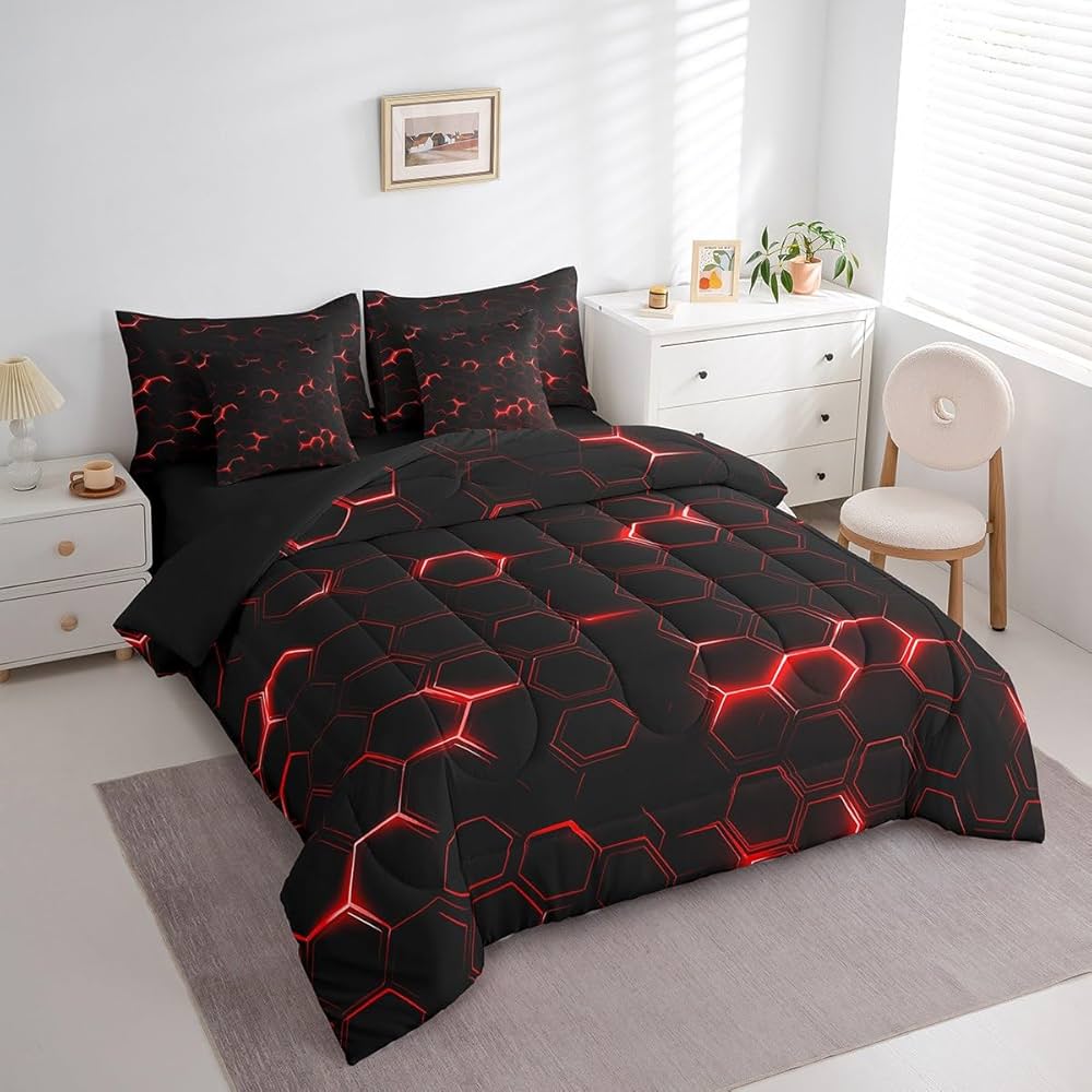 jejeloiu Honeycomb Comforter Set with Sheets Full Size 7 Pieces Hexagon Theme Bedding Set for Boys Men Adults Teens Red Neon Lights Hexagonal Art Bed in a Bag Room Decor