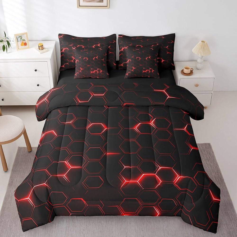 jejeloiu Honeycomb Comforter Set with Sheets Full Size 7 Pieces Hexagon Theme Bedding Set for Boys Men Adults Teens Red Neon Lights Hexagonal Art Bed in a Bag Room Decor