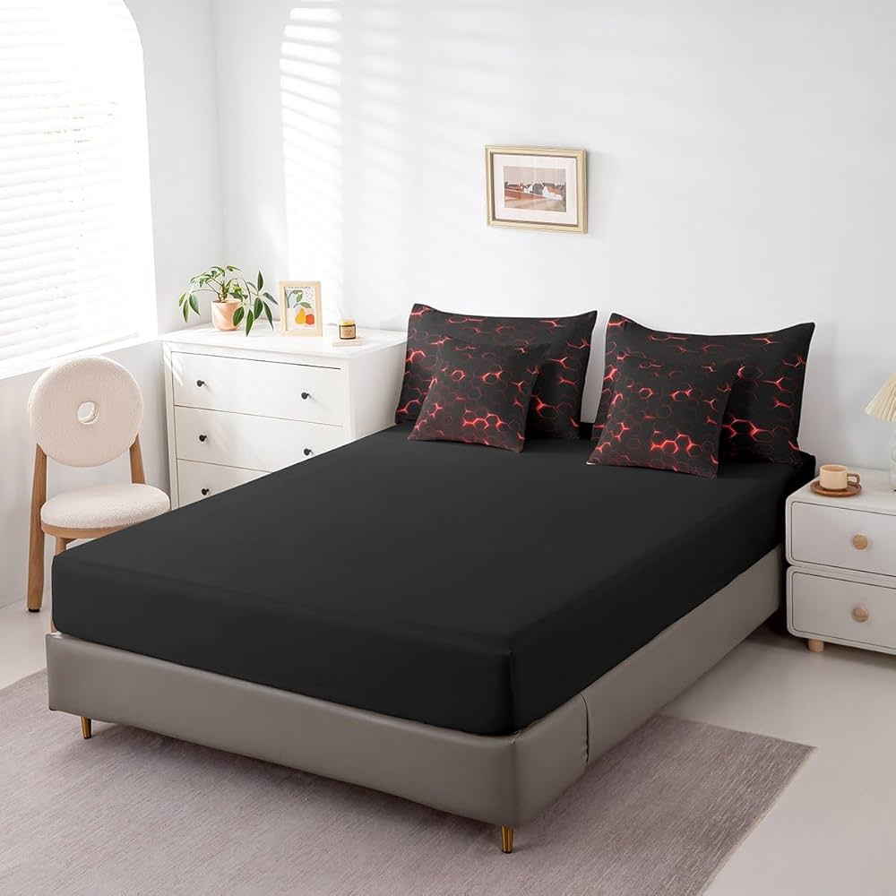 jejeloiu Honeycomb Comforter Set with Sheets Full Size 7 Pieces Hexagon Theme Bedding Set for Boys Men Adults Teens Red Neon Lights Hexagonal Art Bed in a Bag Room Decor