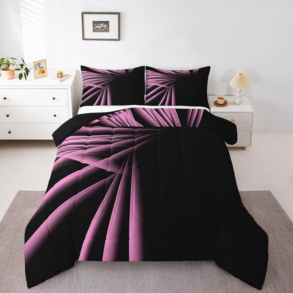 jejeloiu Abstract Ombre Stripes Comforter Set Twin Size Pink and Black Bedding Set for Boys Men Adults Teens Luxury Simple Modern Geometric Art Duvet Quilt Room Decor