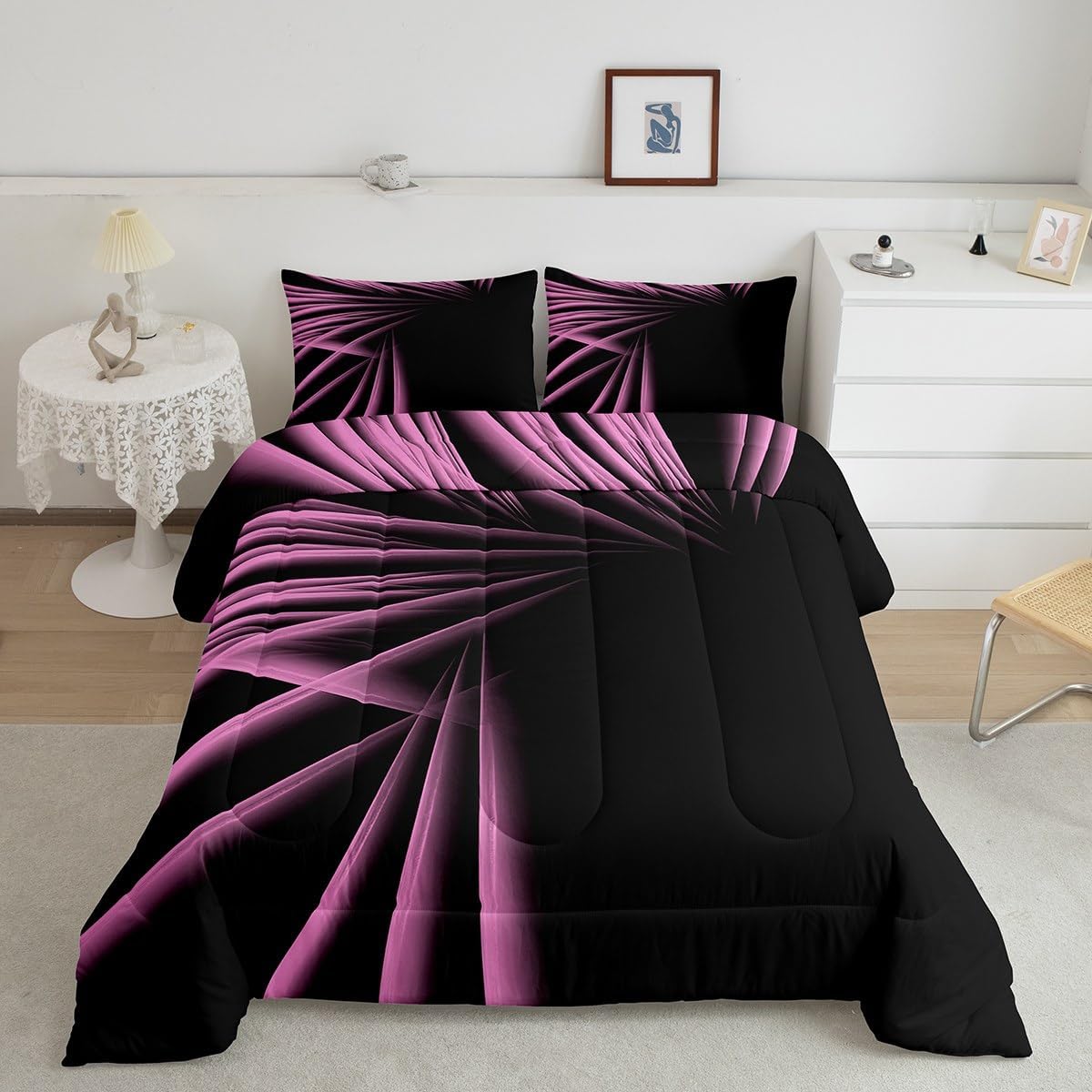 jejeloiu Abstract Ombre Stripes Comforter Set Twin Size Pink and Black Bedding Set for Boys Men Adults Teens Luxury Simple Modern Geometric Art Duvet Quilt Room Decor