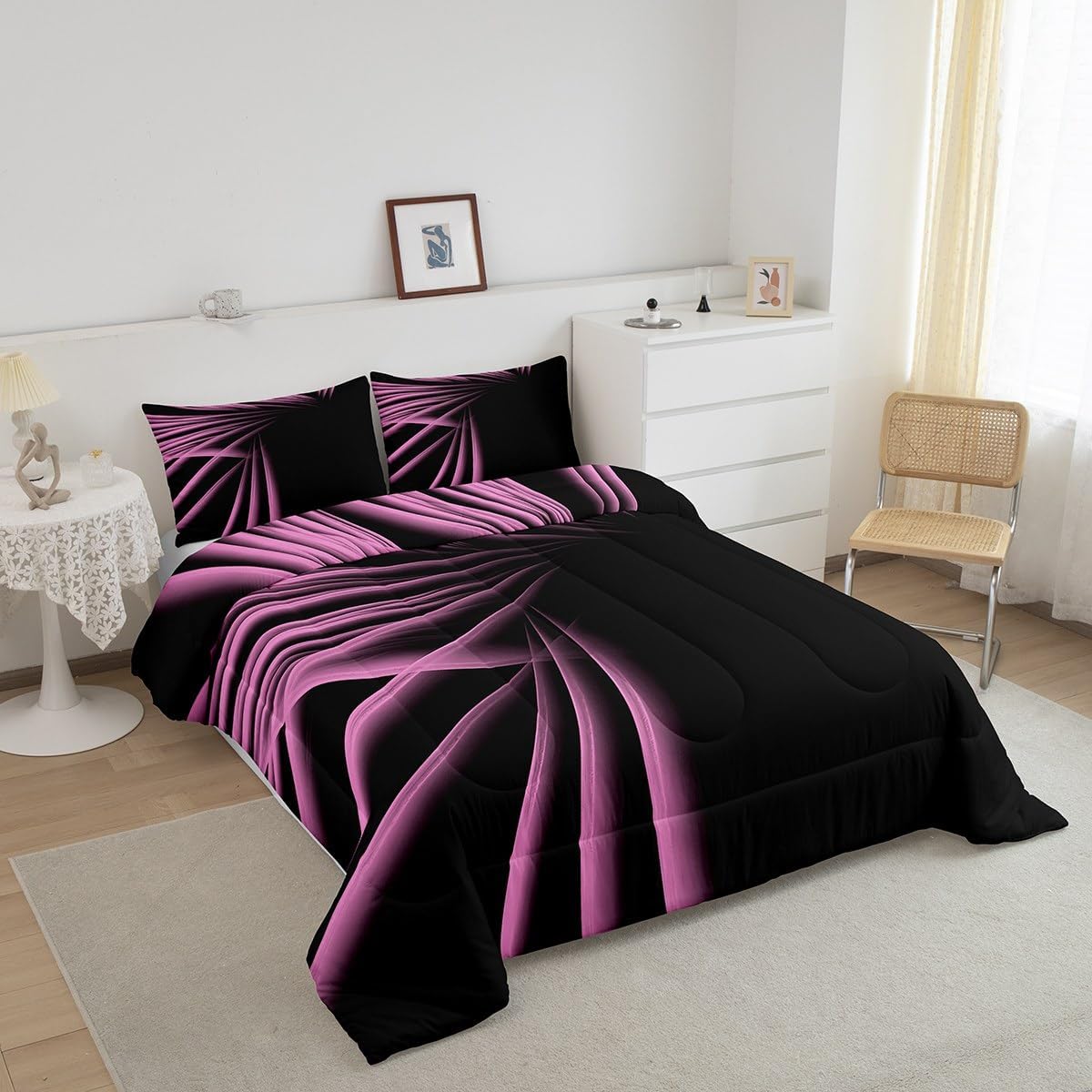 jejeloiu Abstract Ombre Stripes Comforter Set Twin Size Pink and Black Bedding Set for Boys Men Adults Teens Luxury Simple Modern Geometric Art Duvet Quilt Room Decor