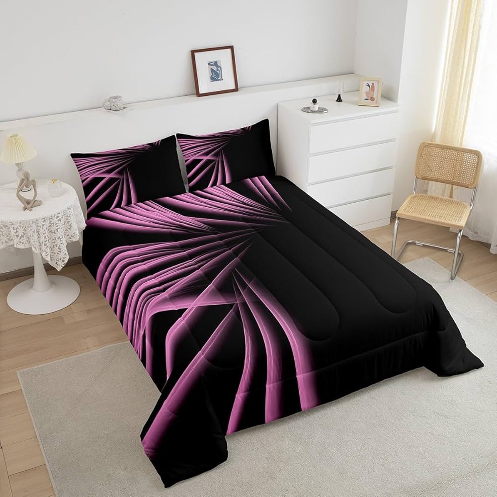 jejeloiu Abstract Ombre Stripes Comforter Set Twin Size Pink and Black Bedding Set for Boys Men Adults Teens Luxury Simple Modern Geometric Art Duvet Quilt Room Decor