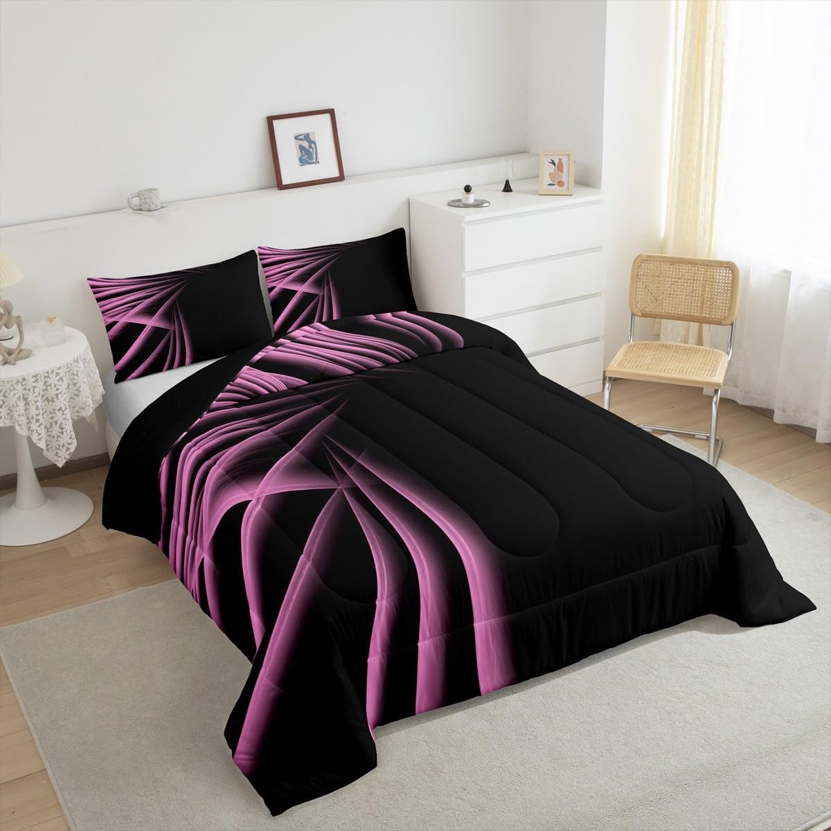 jejeloiu Abstract Ombre Stripes Comforter Set Twin Size Pink and Black Bedding Set for Boys Men Adults Teens Luxury Simple Modern Geometric Art Duvet Quilt Room Decor