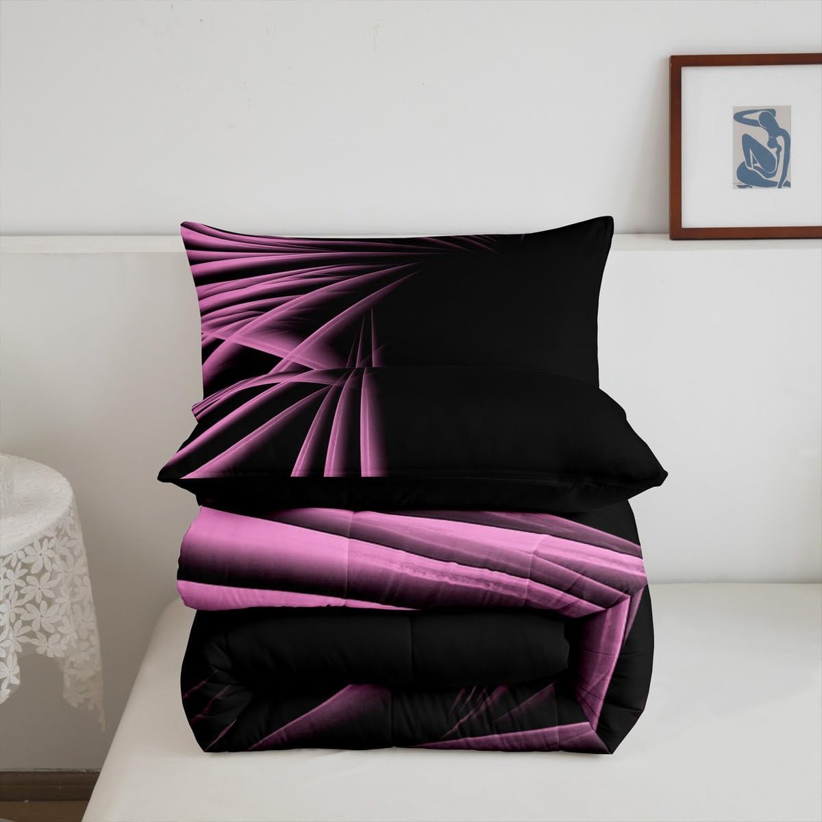 jejeloiu Abstract Ombre Stripes Comforter Set Twin Size Pink and Black Bedding Set for Boys Men Adults Teens Luxury Simple Modern Geometric Art Duvet Quilt Room Decor