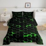 jejeloiu Honeycomb Comforter Set Twin Size Hexagon Theme Bedding Set for Boys Men Adults Teens Green Neon Lights Hexagonal Art Duvet Quilt Room Decor