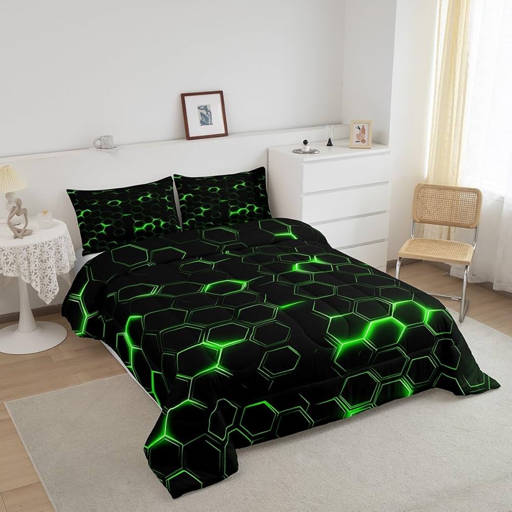 jejeloiu Honeycomb Comforter Set Twin Size Hexagon Theme Bedding Set for Boys Men Adults Teens Green Neon Lights Hexagonal Art Duvet Quilt Room Decor
