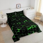 jejeloiu Honeycomb Comforter Set Twin Size Hexagon Theme Bedding Set for Boys Men Adults Teens Green Neon Lights Hexagonal Art Duvet Quilt Room Decor